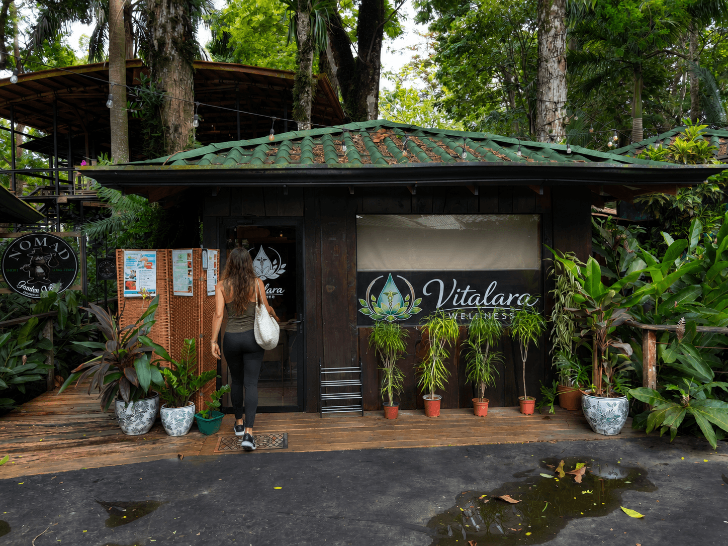A guest arriving at the Vitalara Wellness entrance in Dominical, Costa Rica