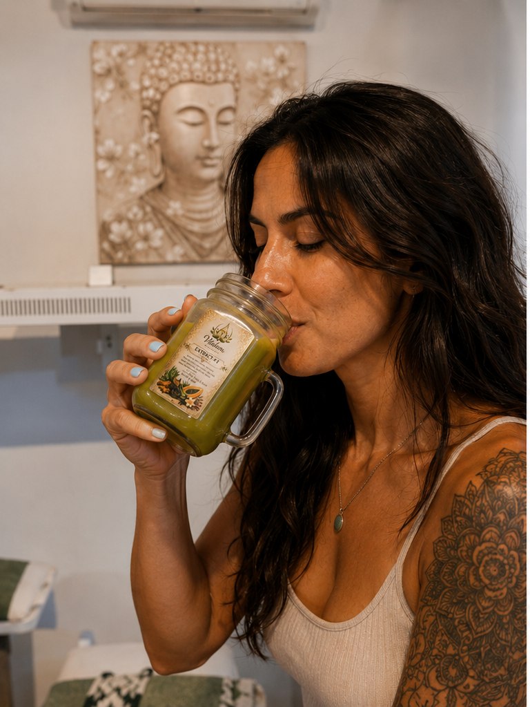 Vitalara client enjoying a prepared vegetable juice